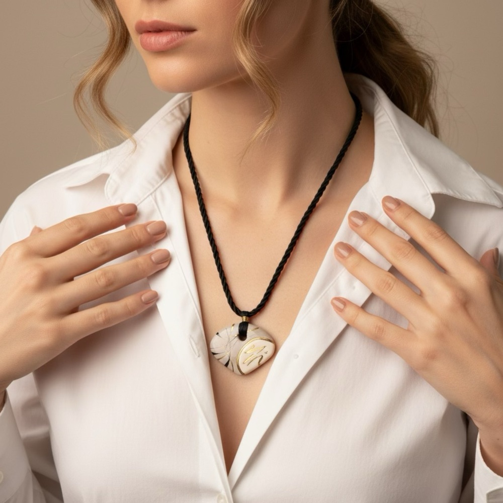 Elegant Porcelain Black, light green, and Gold Pendant Necklace